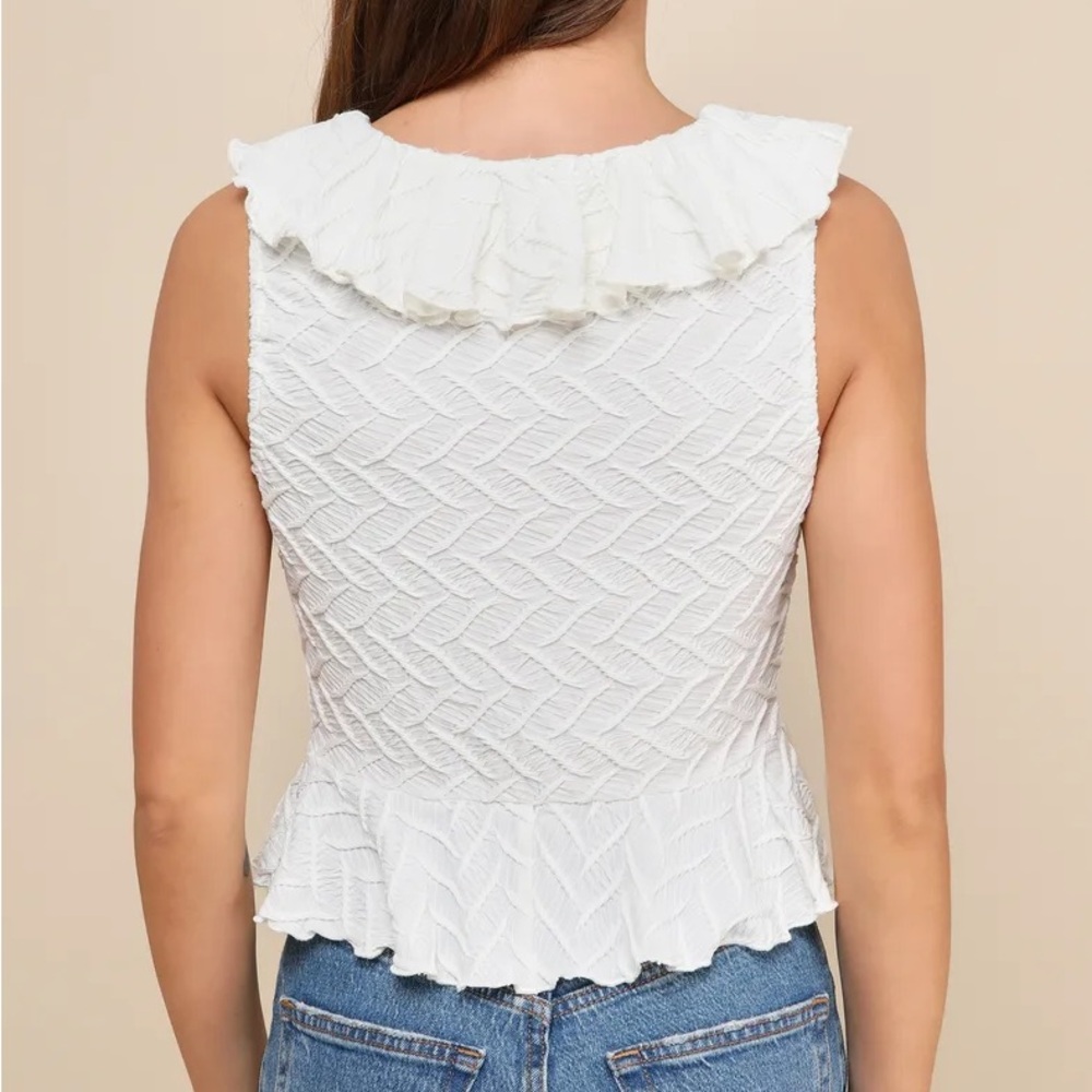 Lulu's | Cream Textured Ruffle Blouse - Picture 3 of 6